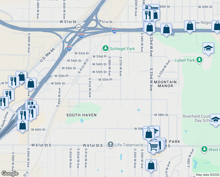 map of restaurants, bars, coffee shops, grocery stores, and more near 3905 West 56th Street in Tulsa