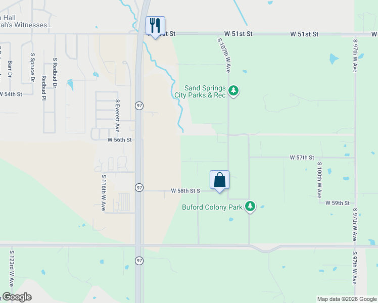 map of restaurants, bars, coffee shops, grocery stores, and more near 10917 West 57th Street in Sand Springs