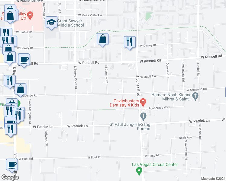 map of restaurants, bars, coffee shops, grocery stores, and more near 6260 West Oquendo Road in Las Vegas
