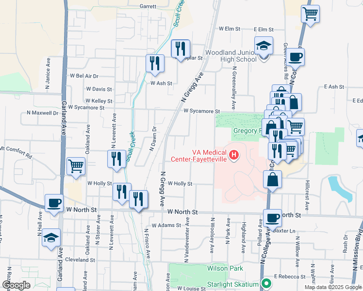 map of restaurants, bars, coffee shops, grocery stores, and more near 523 West Spruce Street in Fayetteville