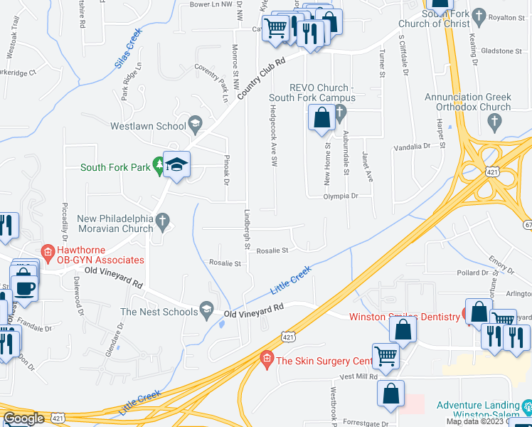 map of restaurants, bars, coffee shops, grocery stores, and more near 272 Hedgecock Avenue in Winston-Salem