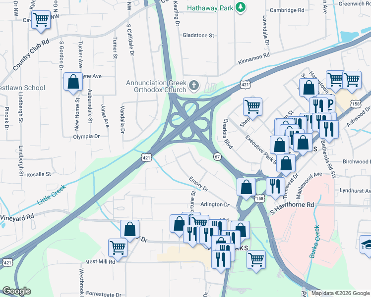 map of restaurants, bars, coffee shops, grocery stores, and more near 2201 South Hawthorne Road in Winston-Salem