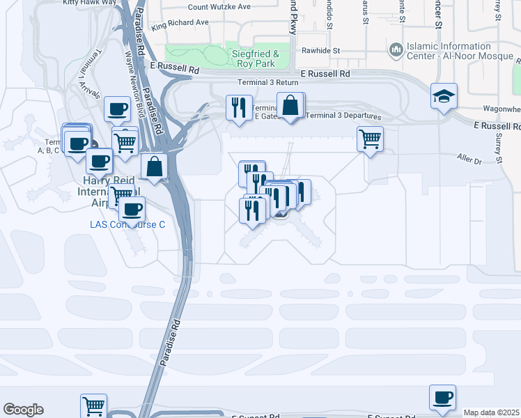 map of restaurants, bars, coffee shops, grocery stores, and more near 5757 Wayne Newton Boulevard in Las Vegas