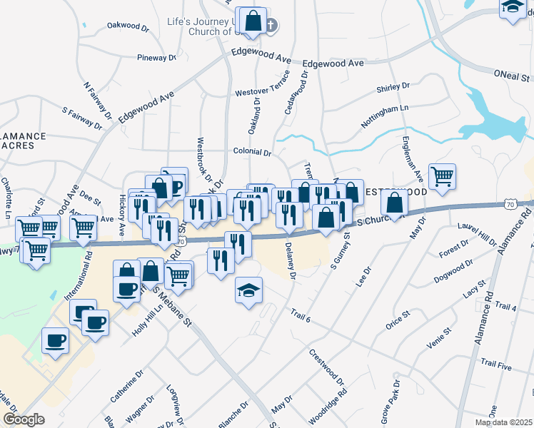 map of restaurants, bars, coffee shops, grocery stores, and more near 2514 Nottoway Terrace in Burlington