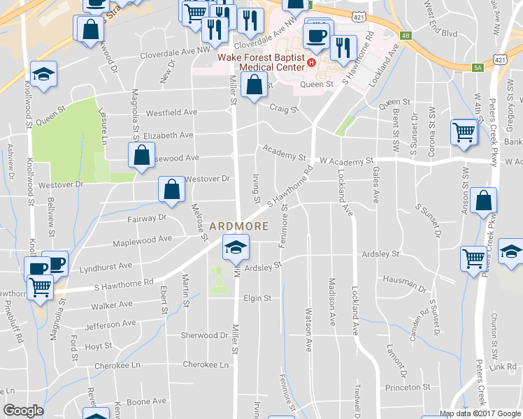 map of restaurants, bars, coffee shops, grocery stores, and more near 1124 Irving Street in Winston-Salem