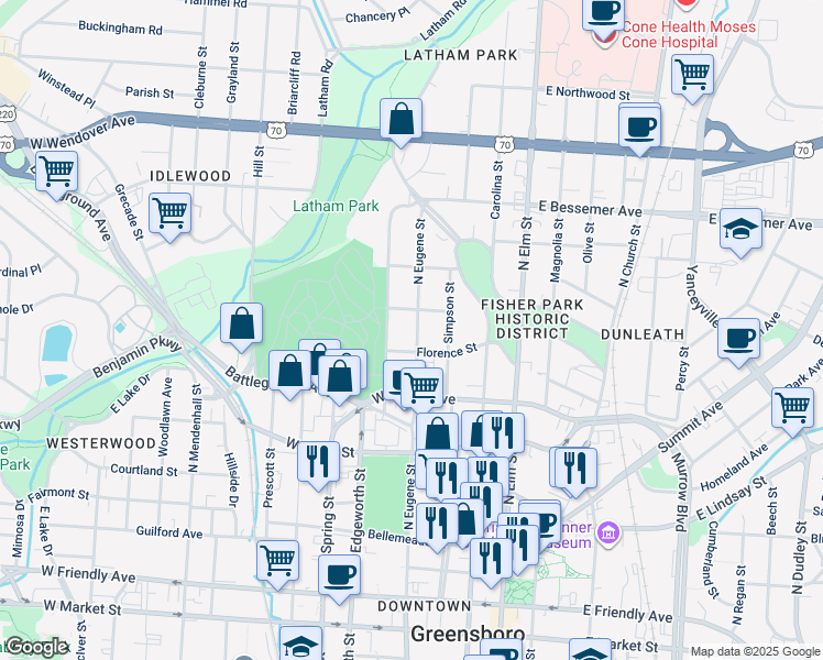 map of restaurants, bars, coffee shops, grocery stores, and more near 809 North Eugene Street in Greensboro