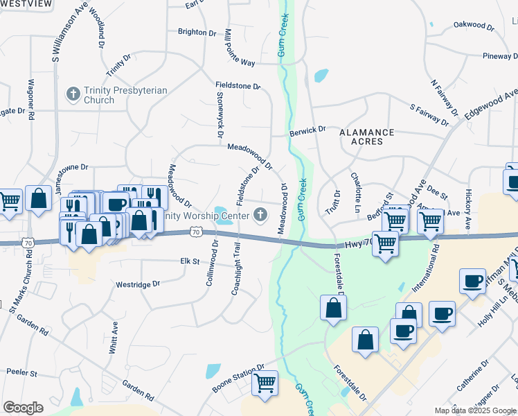 map of restaurants, bars, coffee shops, grocery stores, and more near 3233 Hiddenwood Lane in Burlington