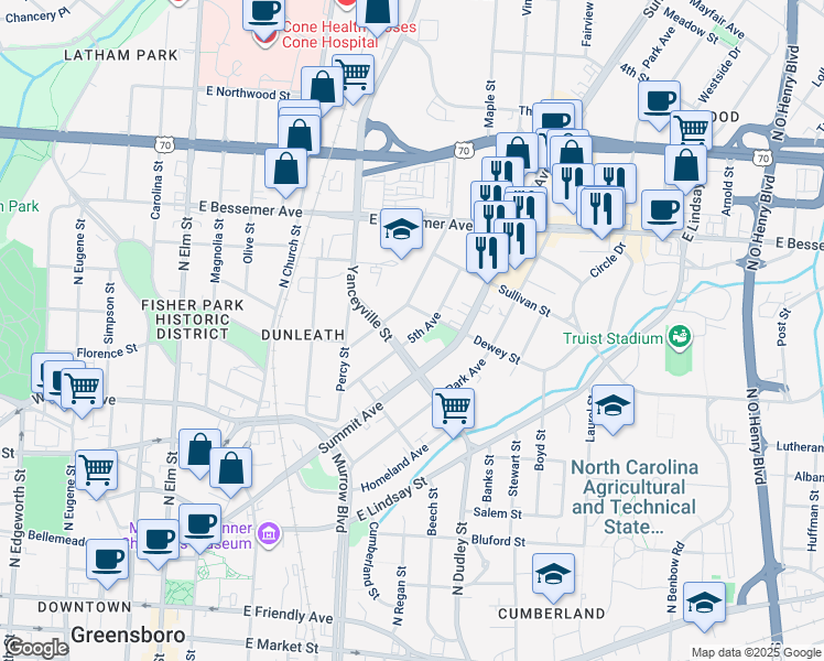map of restaurants, bars, coffee shops, grocery stores, and more near 709 5th Avenue in Greensboro