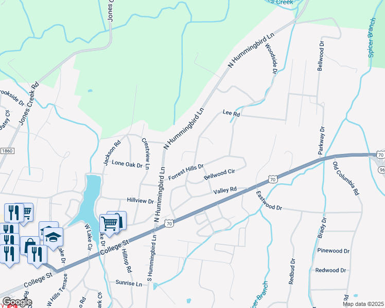 map of restaurants, bars, coffee shops, grocery stores, and more near 113 Lee Road in Dickson