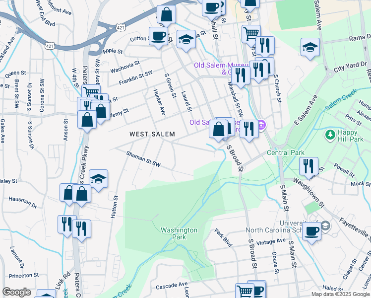 map of restaurants, bars, coffee shops, grocery stores, and more near 924 Walnut Street Southwest in Winston-Salem