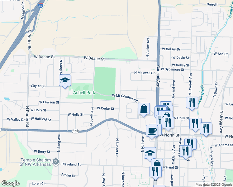 map of restaurants, bars, coffee shops, grocery stores, and more near 1488 West Mount Comfort Road in Fayetteville