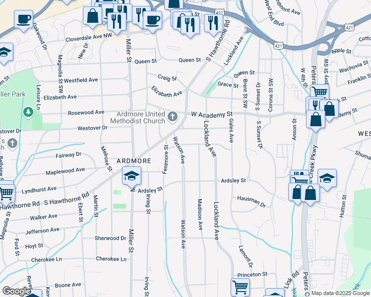 map of restaurants, bars, coffee shops, grocery stores, and more near 721 Watson Avenue in Winston-Salem