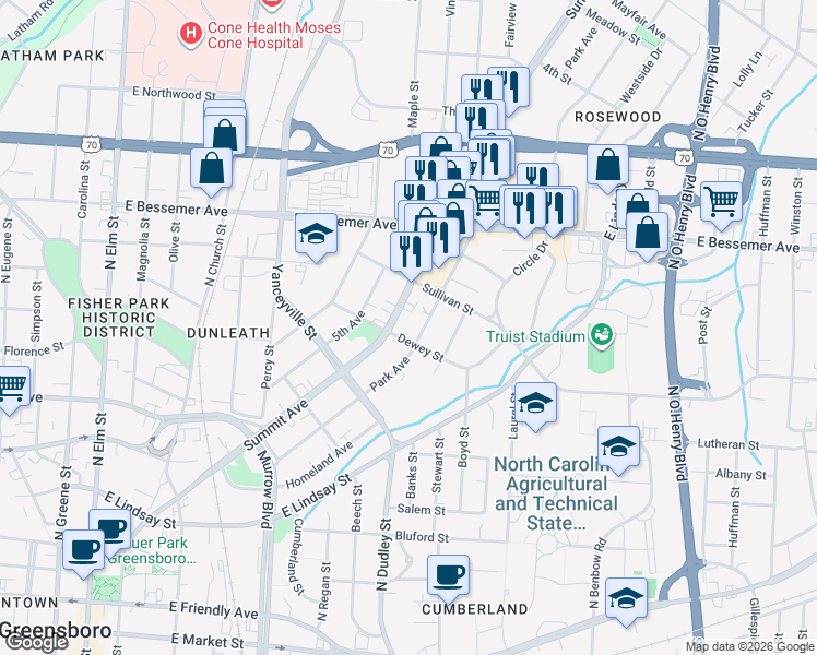 map of restaurants, bars, coffee shops, grocery stores, and more near 802 Summit Avenue in Greensboro