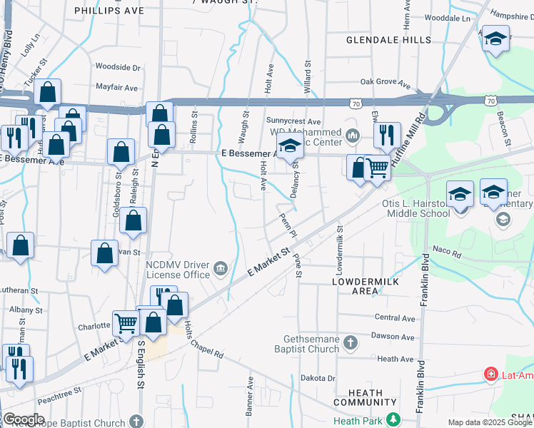 map of restaurants, bars, coffee shops, grocery stores, and more near 304 Holt Avenue in Greensboro