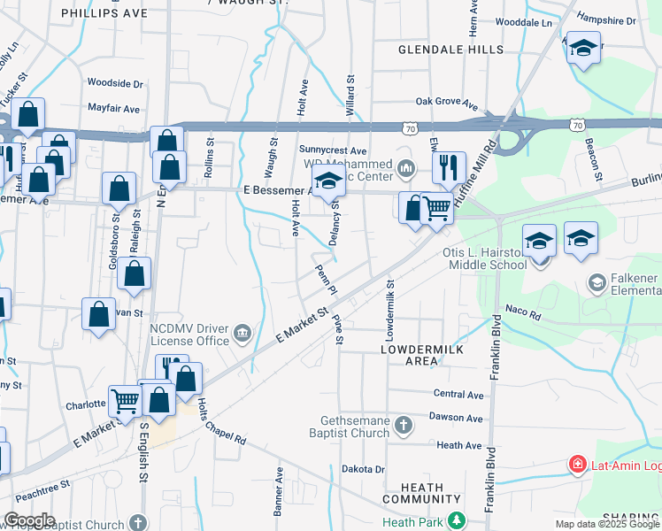 map of restaurants, bars, coffee shops, grocery stores, and more near 3504 Delancy Street in Greensboro