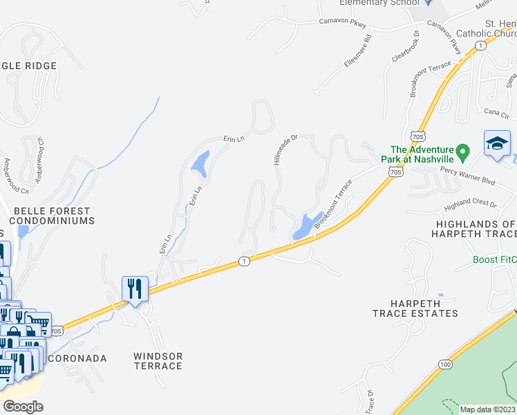 map of restaurants, bars, coffee shops, grocery stores, and more near 6820 Highway 70 South in Nashville