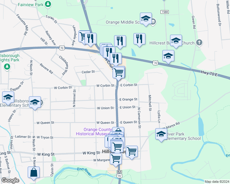 map of restaurants, bars, coffee shops, grocery stores, and more near 515 North Churton Street in Hillsborough