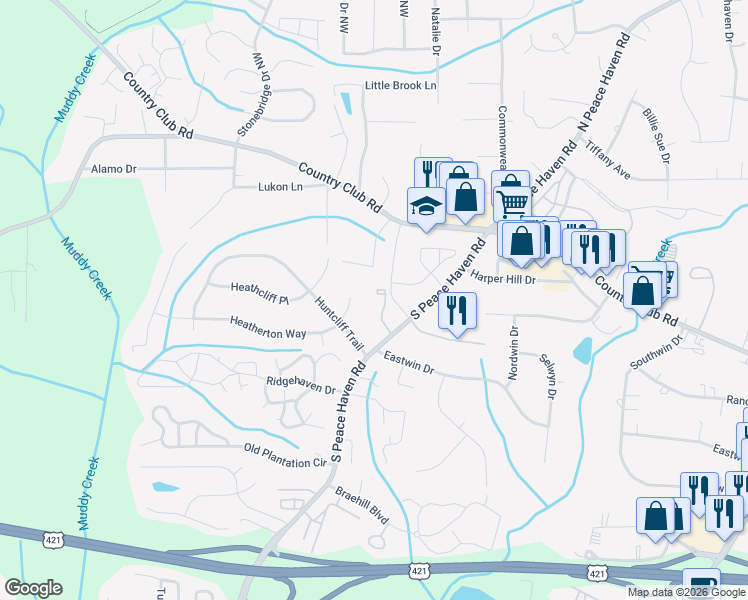map of restaurants, bars, coffee shops, grocery stores, and more near 183 Heatherton Way in Winston-Salem