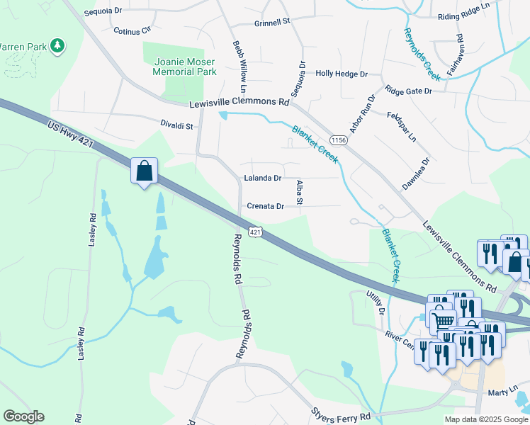 map of restaurants, bars, coffee shops, grocery stores, and more near 7342 Crenata Drive in Lewisville