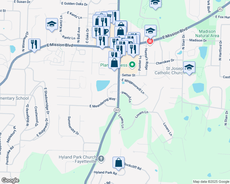 map of restaurants, bars, coffee shops, grocery stores, and more near 1629 North Crossover Road in Fayetteville