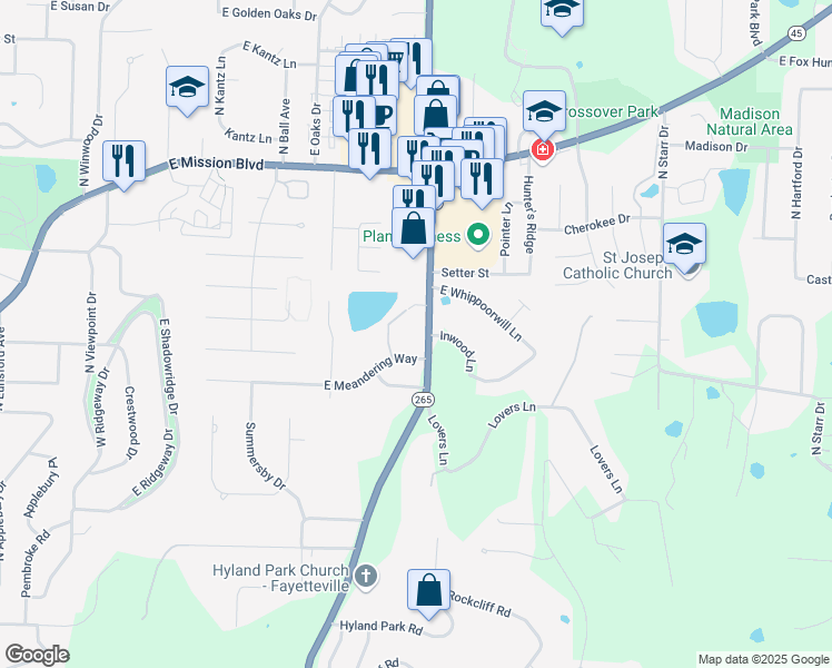 map of restaurants, bars, coffee shops, grocery stores, and more near 1629 North Crossover Road in Fayetteville
