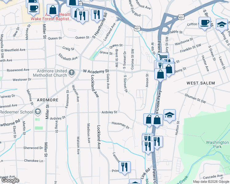 map of restaurants, bars, coffee shops, grocery stores, and more near 659 Brent Street in Winston-Salem