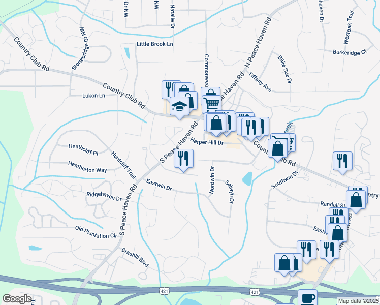 map of restaurants, bars, coffee shops, grocery stores, and more near 131 Chrisfield Circle in Winston-Salem
