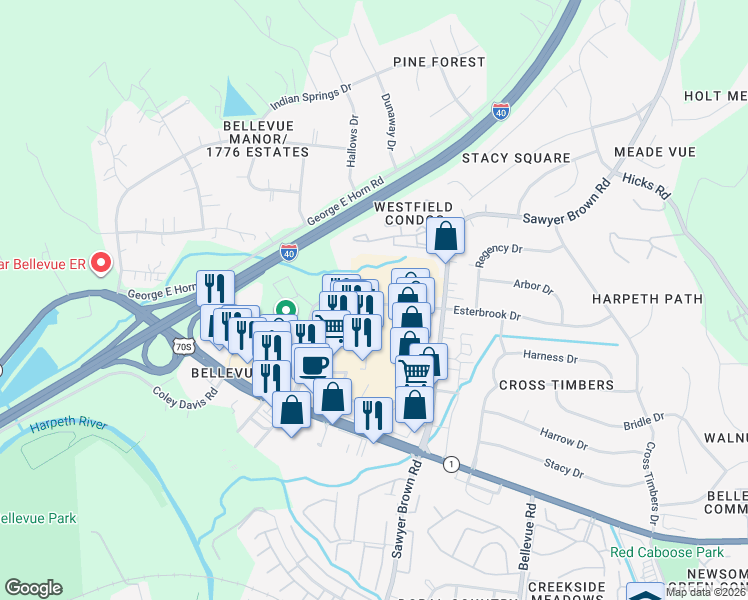 map of restaurants, bars, coffee shops, grocery stores, and more near 8075 Sawyer Brown Road in Nashville