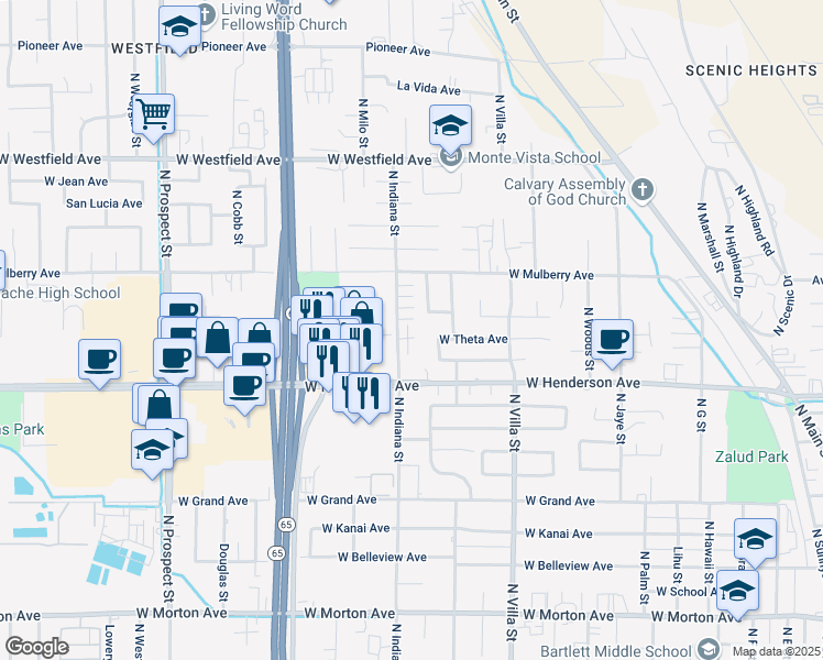 map of restaurants, bars, coffee shops, grocery stores, and more near 749 Bel Aire Avenue in Porterville