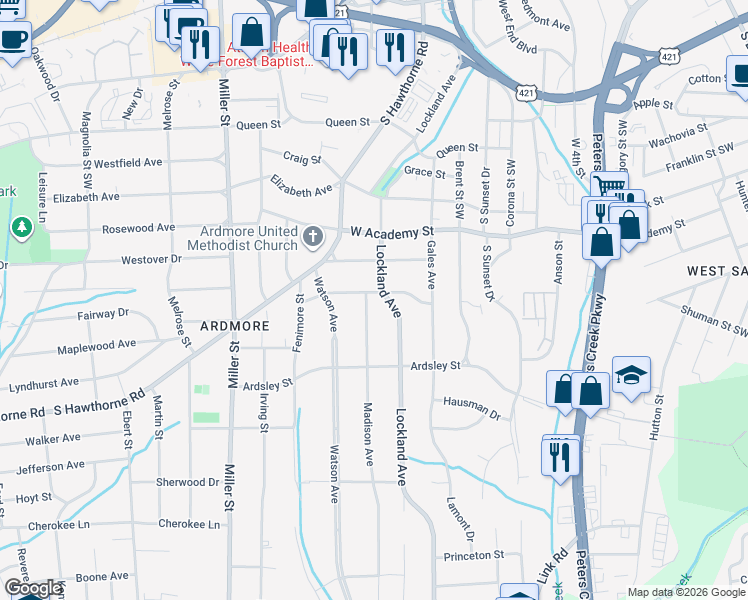 map of restaurants, bars, coffee shops, grocery stores, and more near 1921 Gaston Street in Winston-Salem