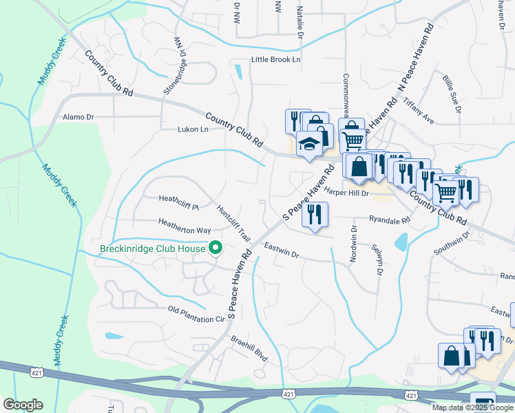 map of restaurants, bars, coffee shops, grocery stores, and more near 183 Heatherton Way in Winston-Salem