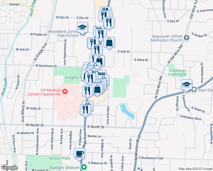 map of restaurants, bars, coffee shops, grocery stores, and more near 1582 Hillcrest Avenue in Fayetteville