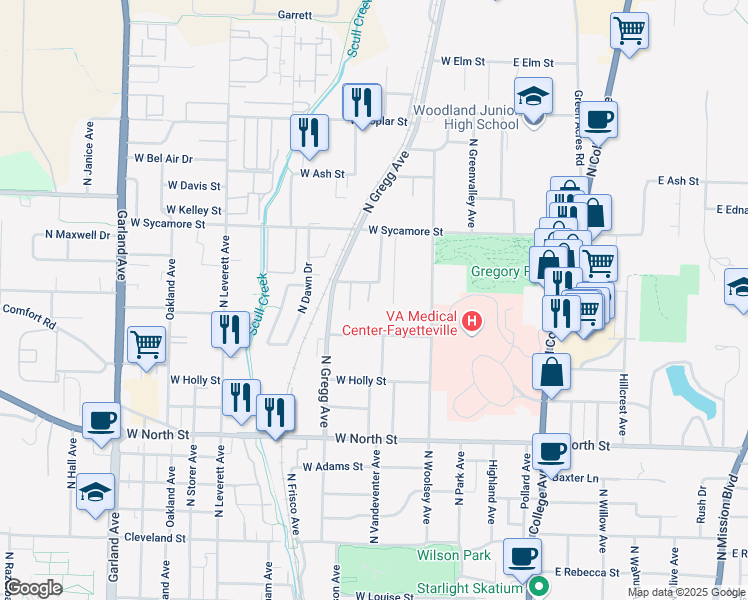 map of restaurants, bars, coffee shops, grocery stores, and more near 470 West Spruce Street in Fayetteville