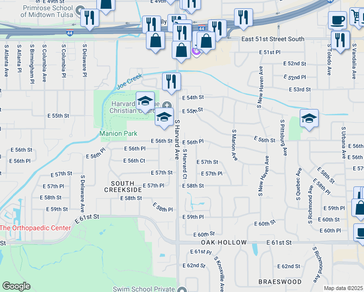 map of restaurants, bars, coffee shops, grocery stores, and more near 3305 East 56th Place in Tulsa