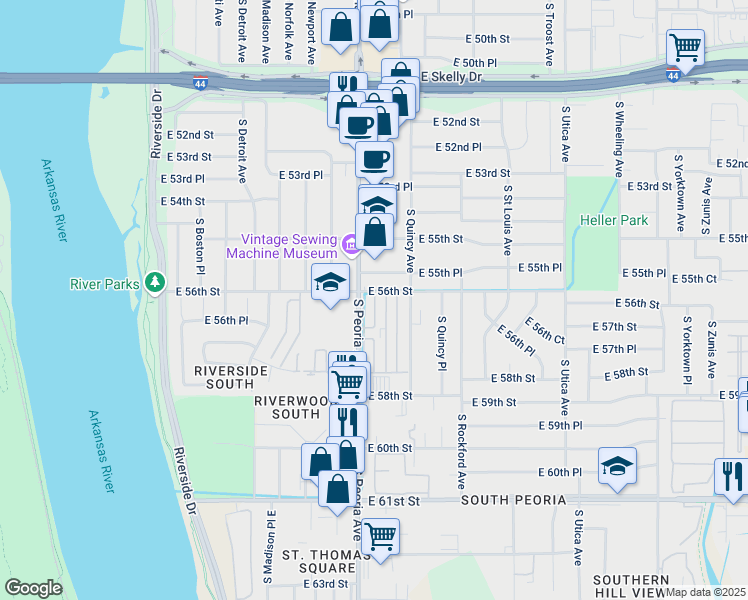 map of restaurants, bars, coffee shops, grocery stores, and more near 5608 South Quaker Avenue in Tulsa