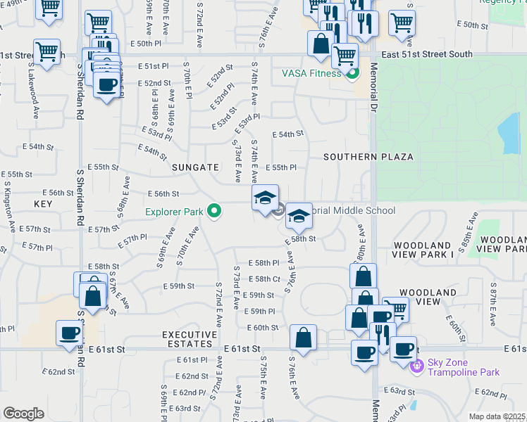 map of restaurants, bars, coffee shops, grocery stores, and more near 7502 East 57th Street in Tulsa