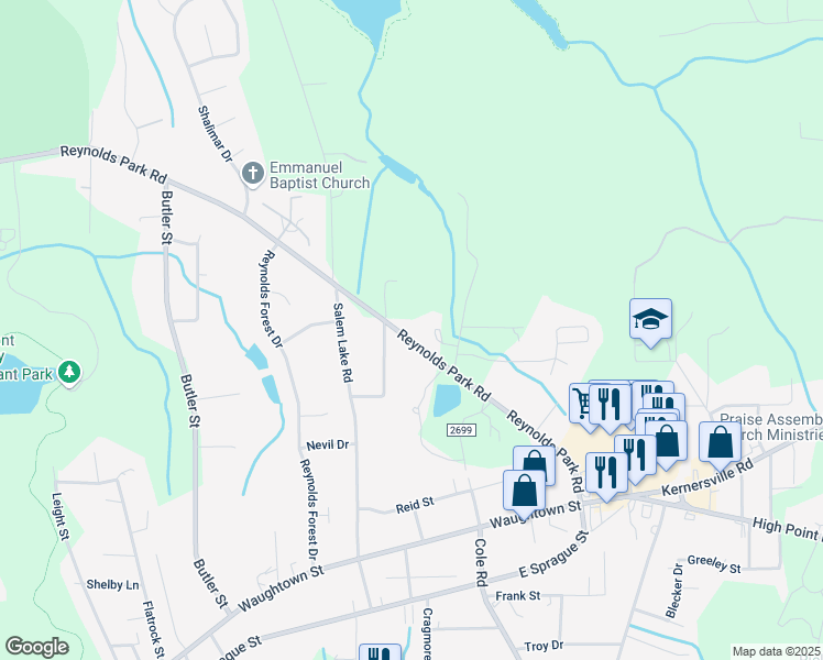 map of restaurants, bars, coffee shops, grocery stores, and more near 2835 Reynolds Park Road in Winston-Salem