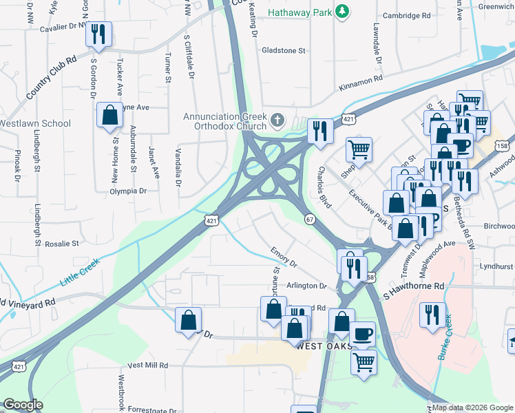 map of restaurants, bars, coffee shops, grocery stores, and more near 2201 Swhawthorne Road in Winston-Salem
