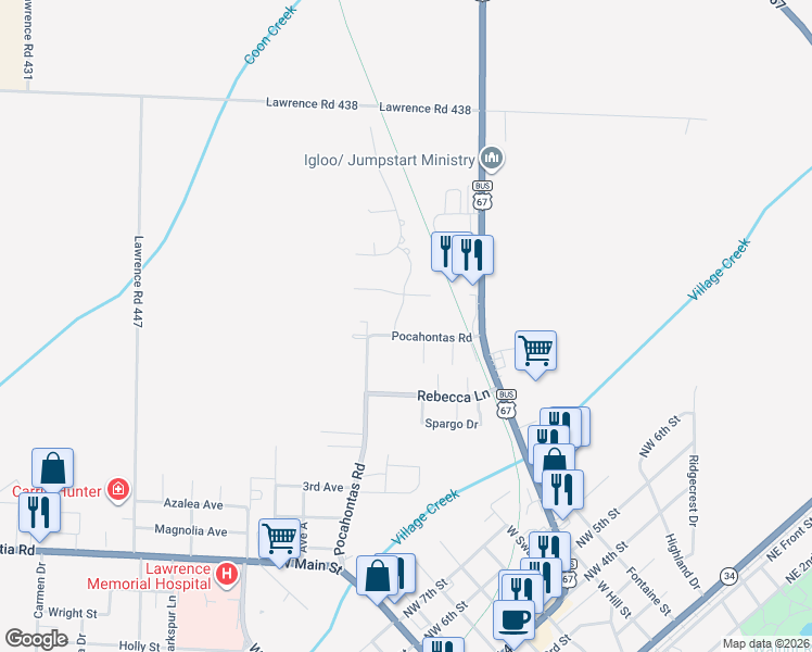 map of restaurants, bars, coffee shops, grocery stores, and more near 100-116 Charleston Drive in Walnut Ridge