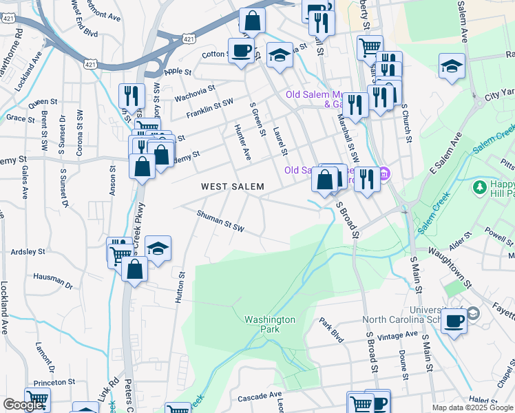 map of restaurants, bars, coffee shops, grocery stores, and more near 820 Granville Drive Southwest in Winston-Salem