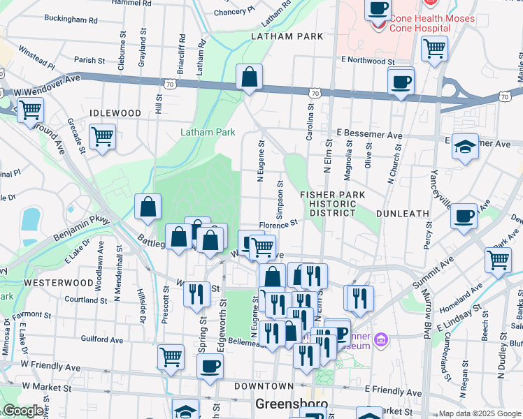 map of restaurants, bars, coffee shops, grocery stores, and more near 809 North Eugene Street in Greensboro