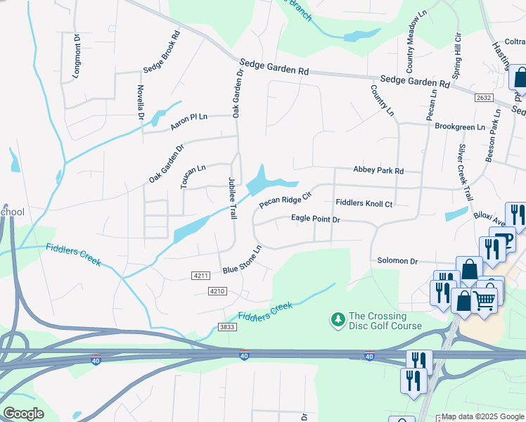 map of restaurants, bars, coffee shops, grocery stores, and more near 733 Pecan Ridge Circle in Kernersville