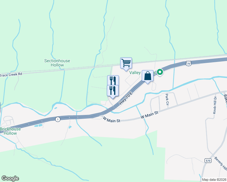 map of restaurants, bars, coffee shops, grocery stores, and more near 150 Brown Town Road in Waverly