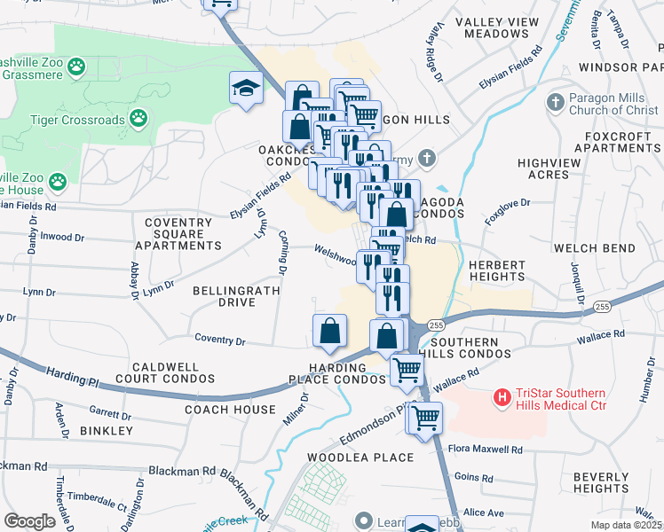 map of restaurants, bars, coffee shops, grocery stores, and more near 419 Welshwood Dr in Nashville