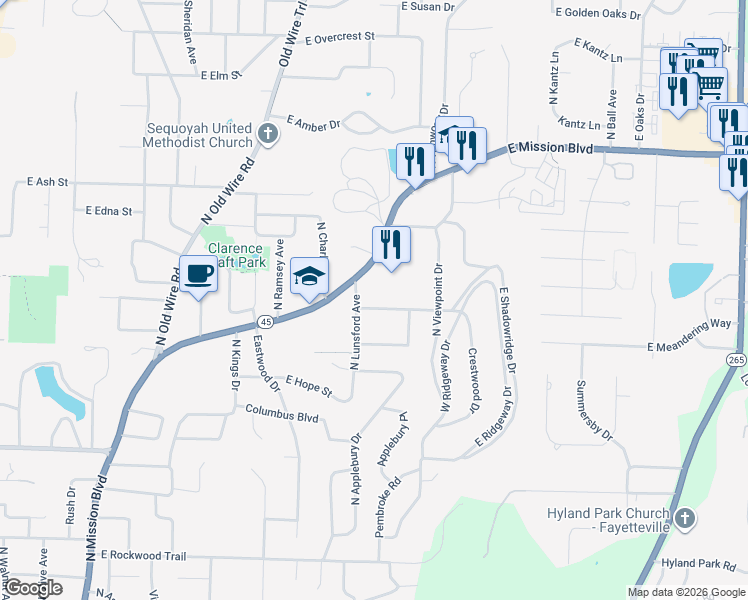 map of restaurants, bars, coffee shops, grocery stores, and more near 1634 East Hammond Street in Fayetteville