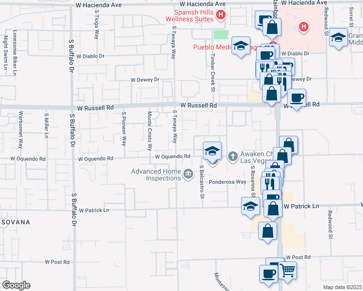 map of restaurants, bars, coffee shops, grocery stores, and more near 7322 Purple Shadow Avenue in Las Vegas