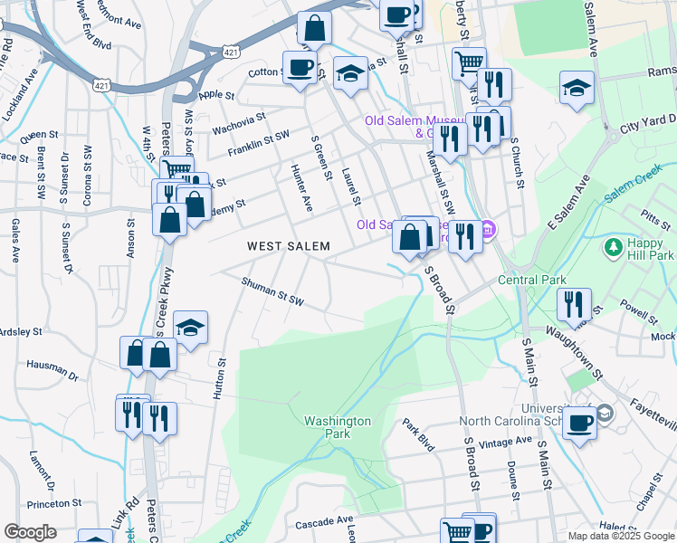 map of restaurants, bars, coffee shops, grocery stores, and more near 934 Walnut Street Southwest in Winston-Salem
