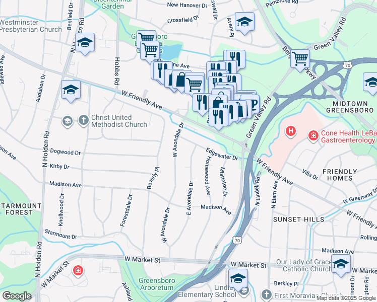 map of restaurants, bars, coffee shops, grocery stores, and more near 3201 Edgewater Drive in Greensboro