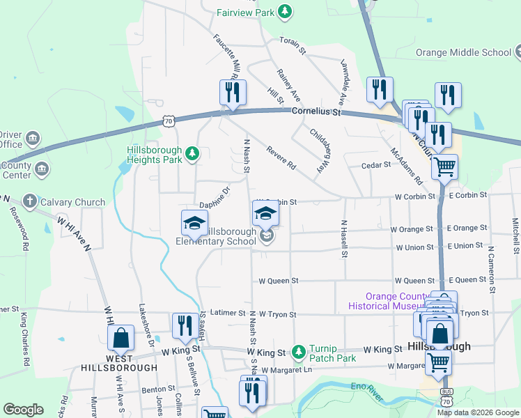 map of restaurants, bars, coffee shops, grocery stores, and more near 525 North Nash Street in Hillsborough