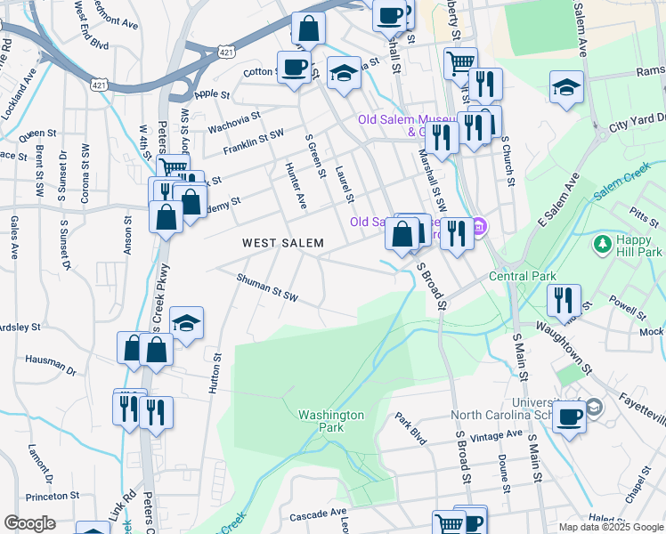 map of restaurants, bars, coffee shops, grocery stores, and more near 934 Walnut Street Southwest in Winston-Salem